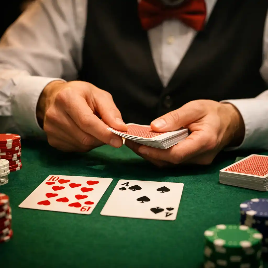 Zbliżenie na ręce dealera rozdającego karty na zielonym suknie stołu pokerowego