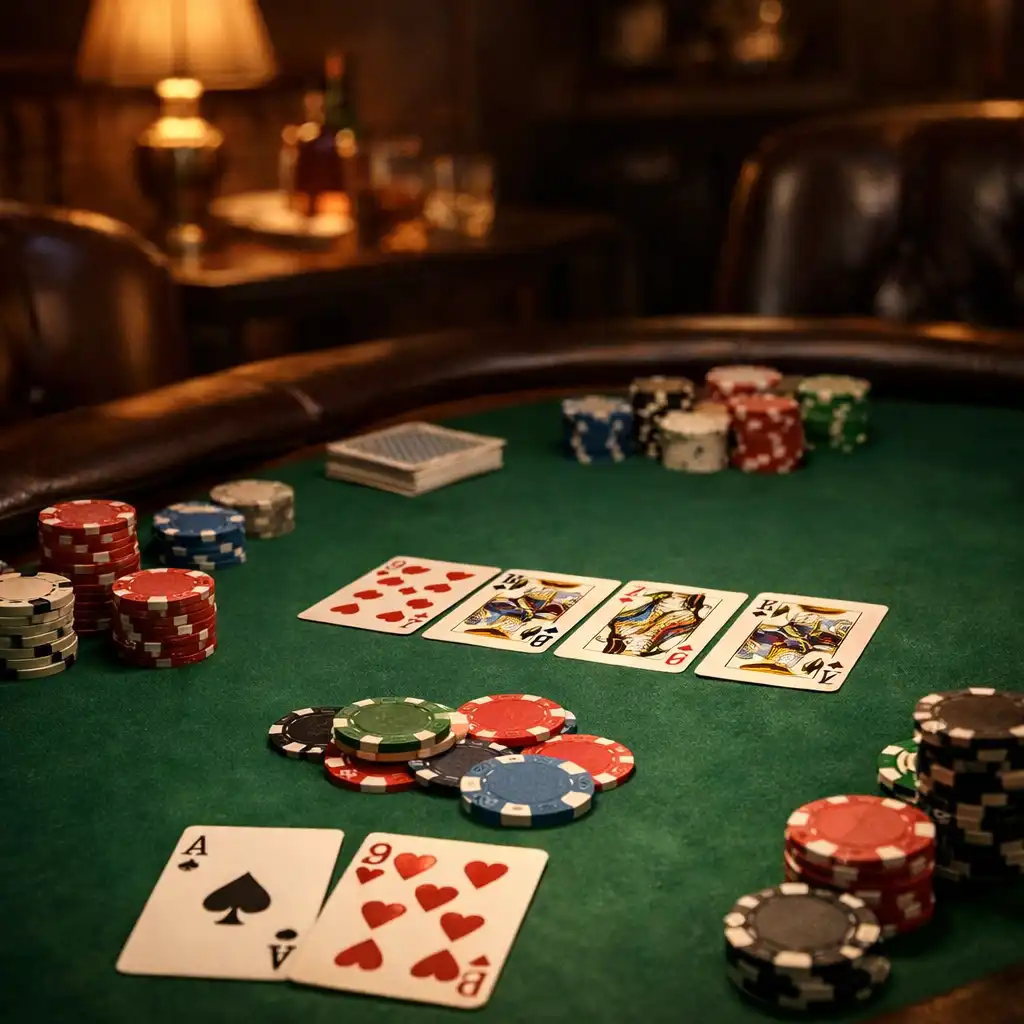 Stół pokerowy z zielonym suknem, kartami i żetonami w ciemnym wnętrzu