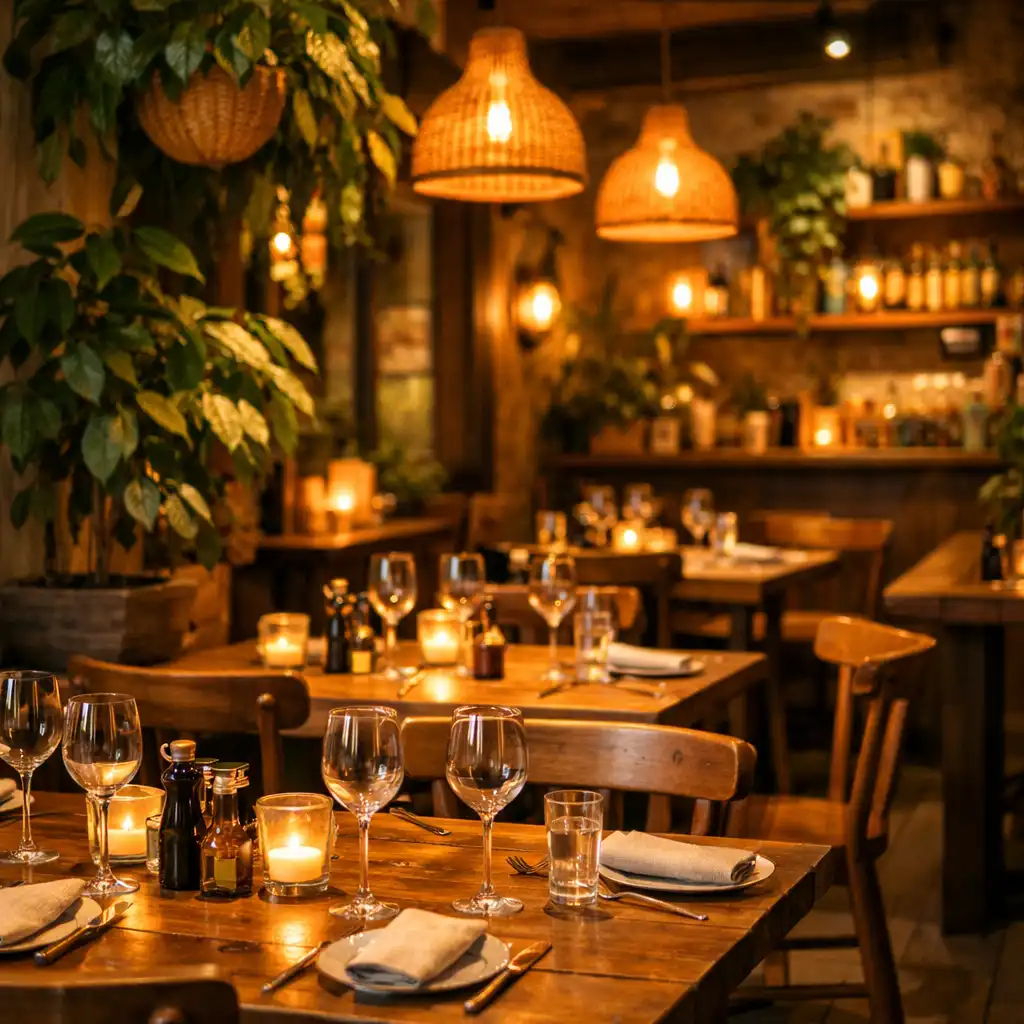 Wnętrze restauracji z drewnianymi stołami, krzesłami i elementami botanicznymi