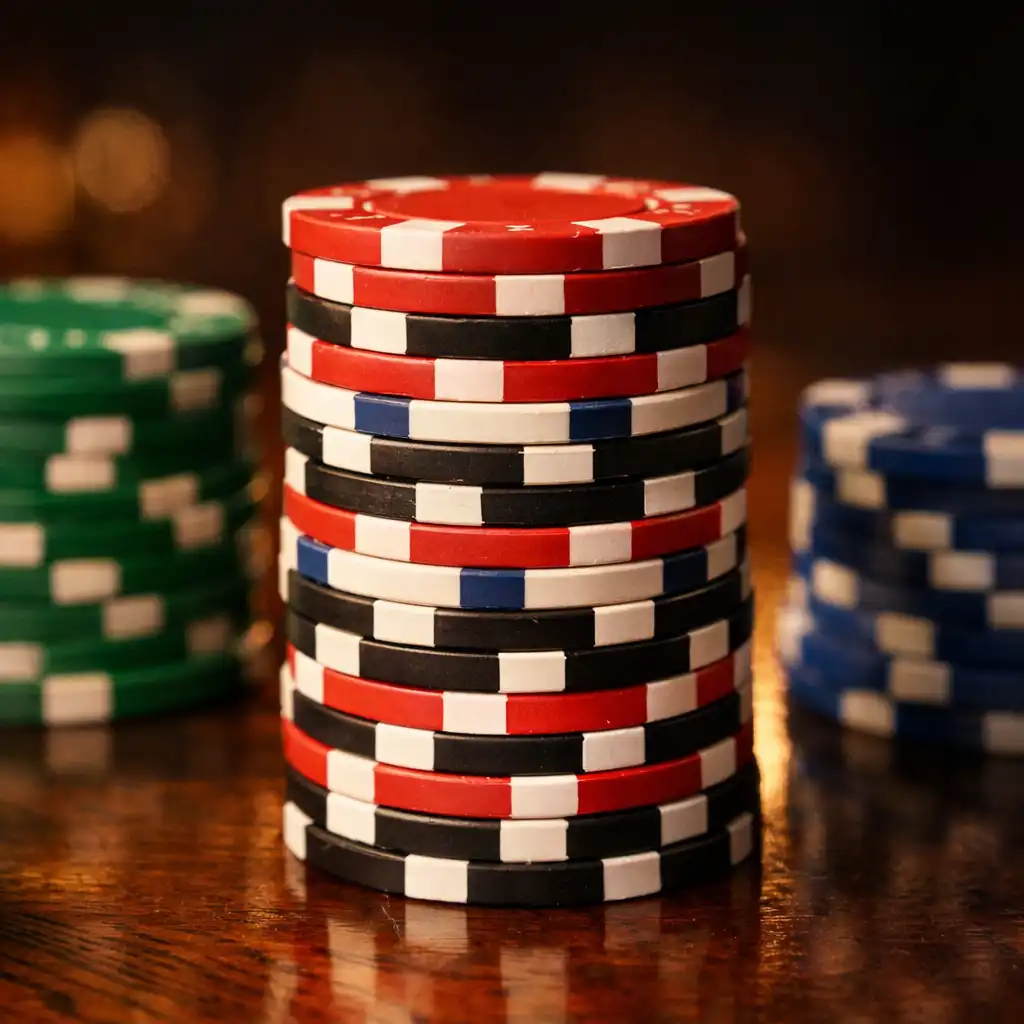 Stos żetonów pokerowych w ciepłym świetle na ciemnym tle
