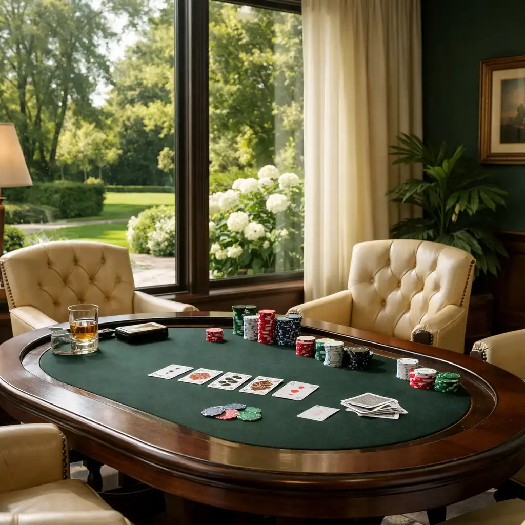 Wnętrze eleganckiego card roomu z widokiem na ogród przez duże okna
