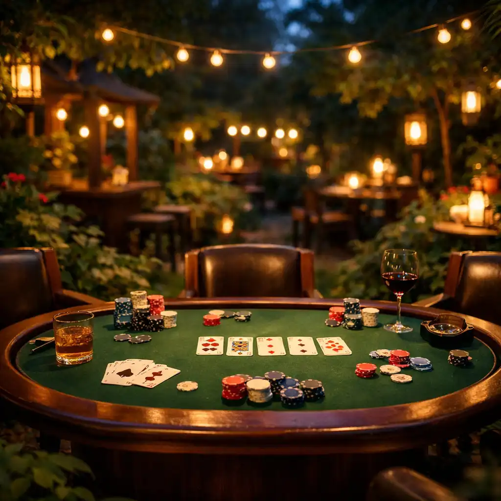 Wonderstar s. r. o. z eleganckim stołem pokerowym, kartami i żetonami o zmierzchu