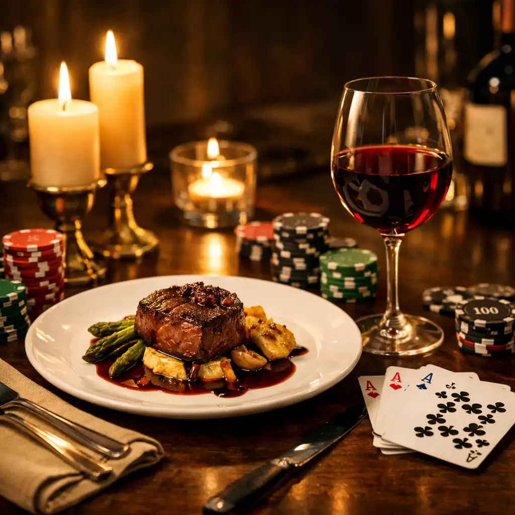 Stół nakryty do kolacji z eleganckim daniem, kieliszkiem wina oraz kartami i żetonami pokerowymi