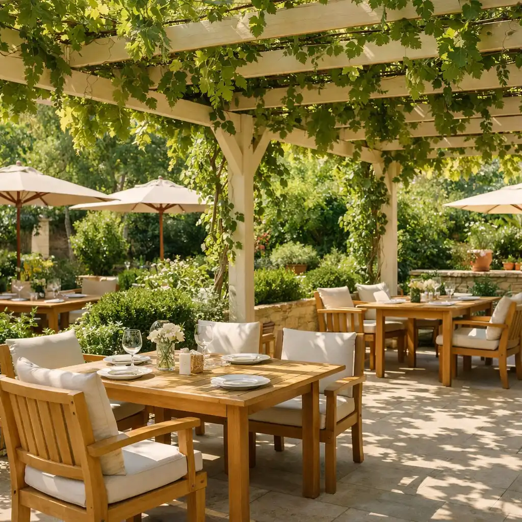 Wonderstar s. r. o. restauracyjny z drewnianymi stolikami pod pergolą z winoroślą