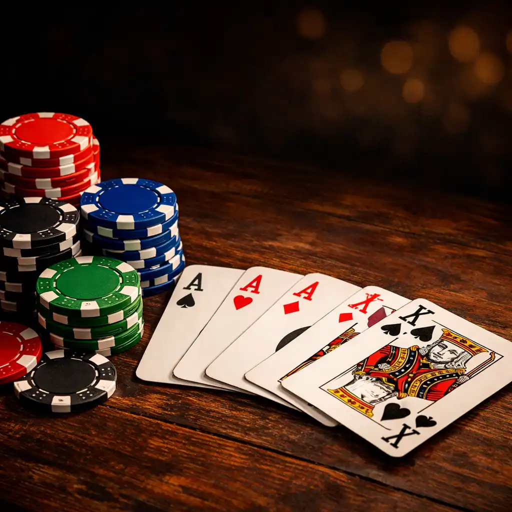 Stos żetonów pokerowych i rozłożone karty na ciemnym drewnianym blacie