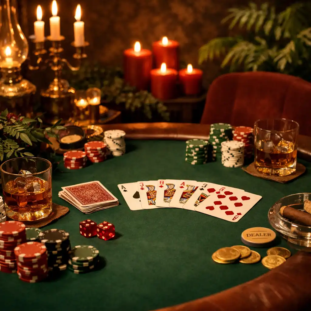 Tematyczny wieczór pokerowy z dekoracjami, kartami i żetonami w ciepłym oświetleniu
