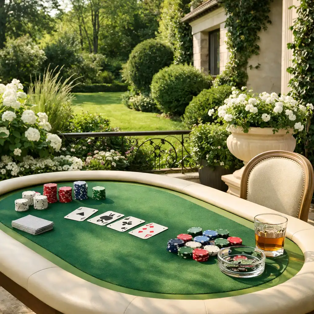Stół pokerowy na tarasie ogrodu w słoneczny dzień, otoczony roślinami i kwiatami, na stole karty i żetony