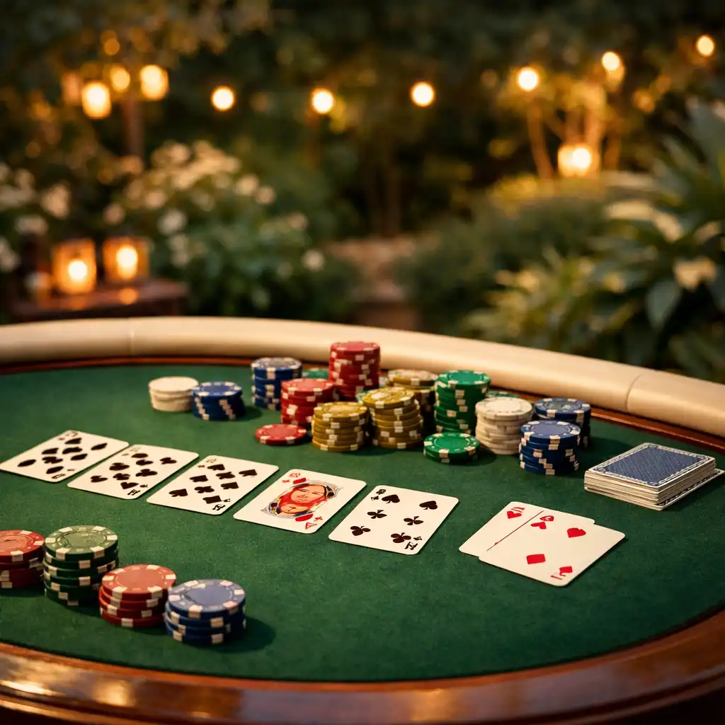 Elegancki stół pokerowy ustawiony w bujnym ogrodzie o zmierzchu, na stole karty i żetony