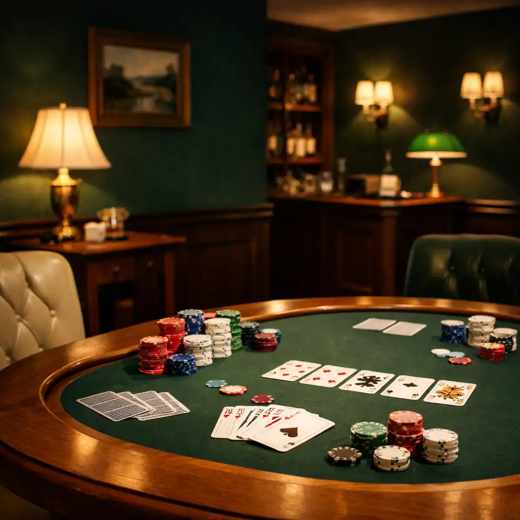 Kameralne wnętrze poker roomu z drewnianym stołem, kartami i żetonami, ciemnozielone ściany i subtelne oświetlenie