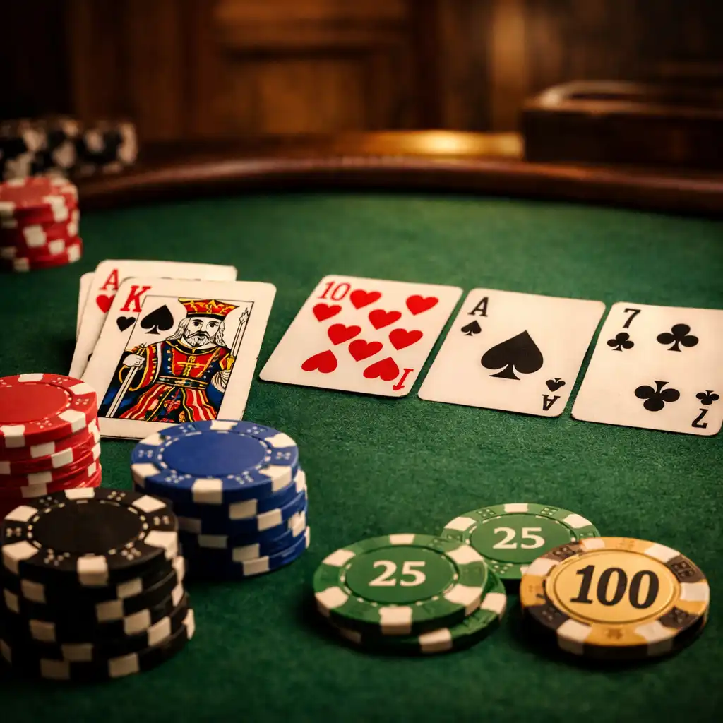 Stół pokerowy z zielonym suknem, kartami i żetonami w kameralnym card roomie