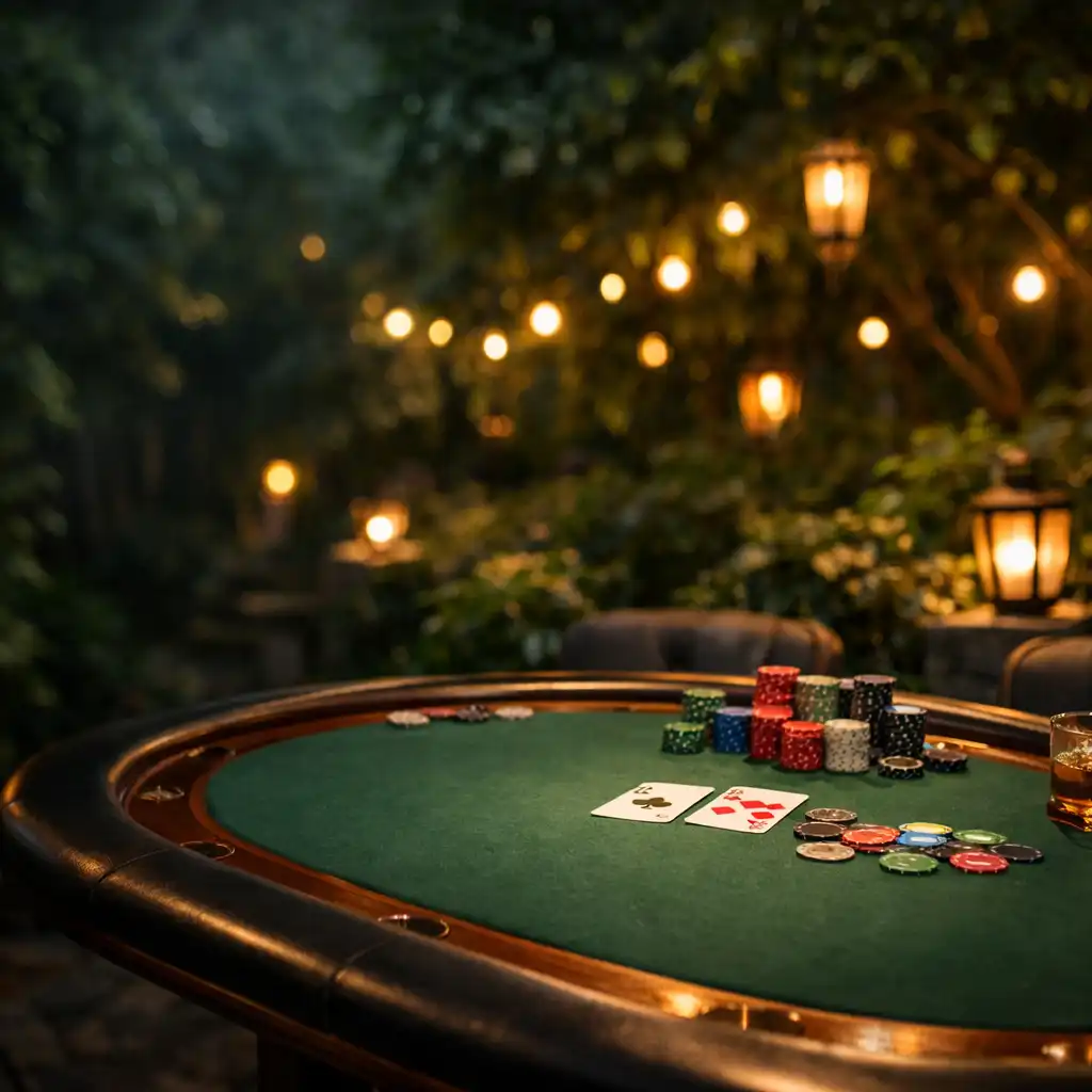 Elegancki stół pokerowy w klimatycznym ogrodzie z kartami i żetonami