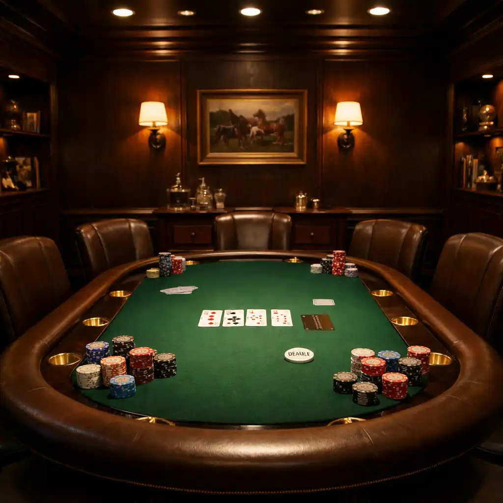 Elegancki prywatny poker room z profesjonalnym stołem, kartami i żetonami