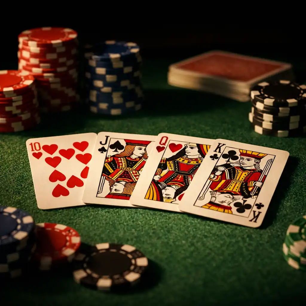 Zbliżenie na blat stołu pokerowego z kartami i żetonami