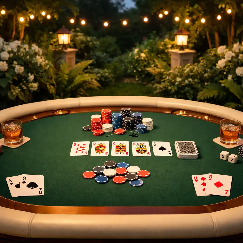 Elegancki stół pokerowy w ogrodzie o zmierzchu, z kartami i żetonami