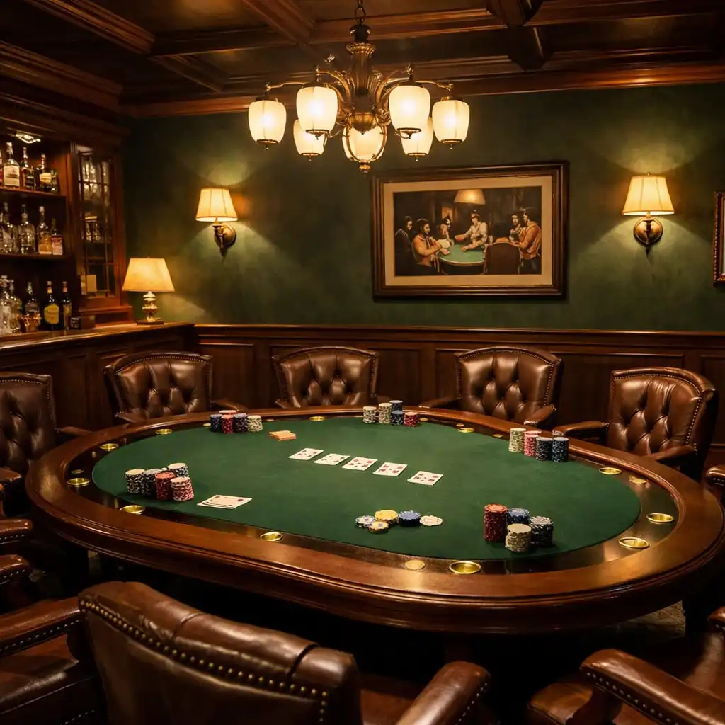 Prywatny poker room z jednym stołem, ciemnozielonymi ścianami i eleganckim wystrojem