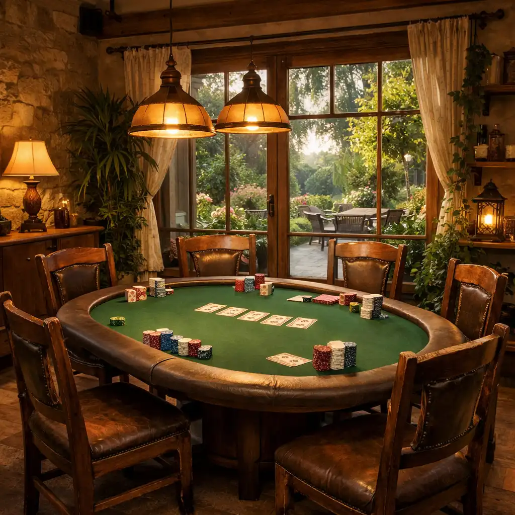 Wnętrze salonu pokerowego Kameralnego Ogrodu z widokiem na ogród, stołem pokerowym i rustykalnymi krzesłami