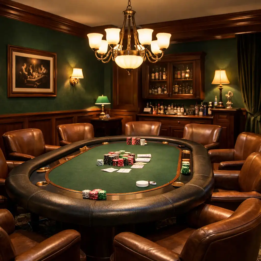 Wnętrze eleganckiego salonu pokerowego z profesjonalnym stołem i ciepłym oświetleniem