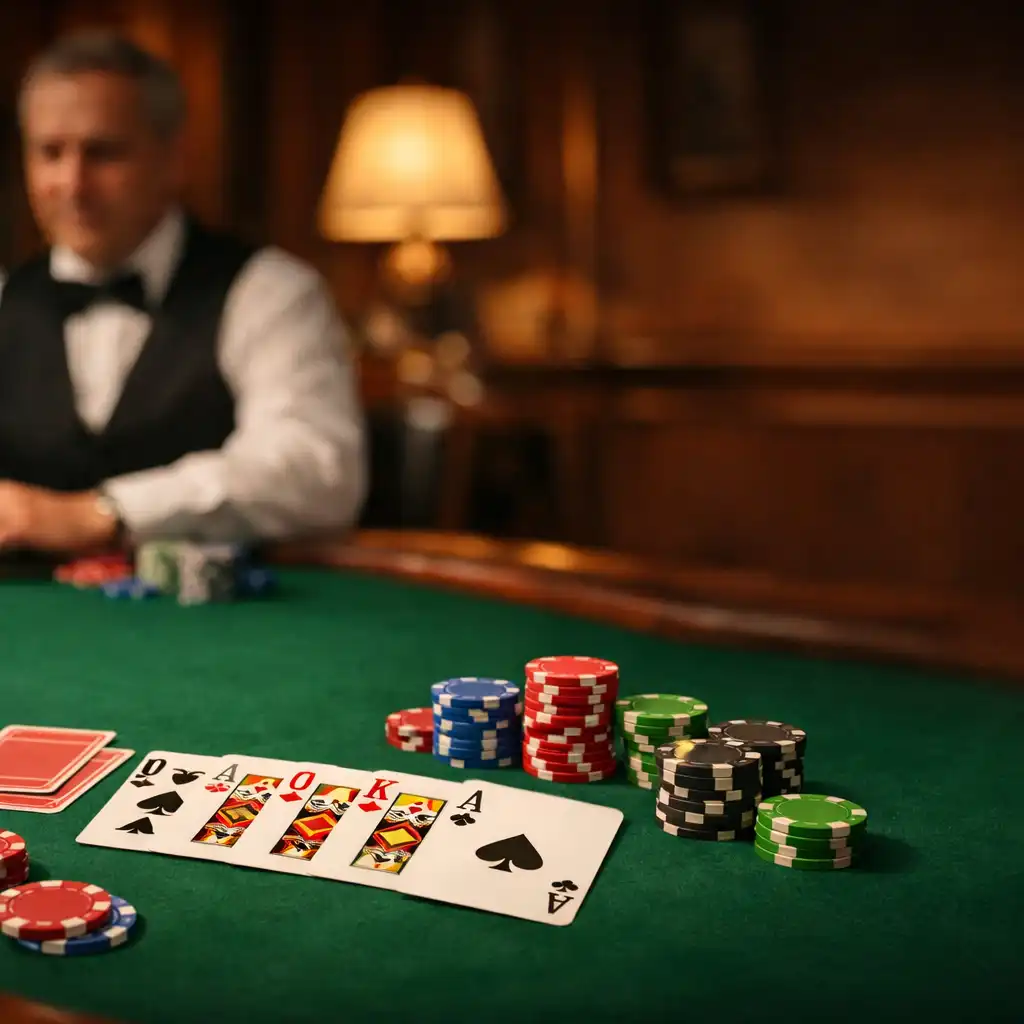 Stół pokerowy z kartami i żetonami w ciepłym świetle