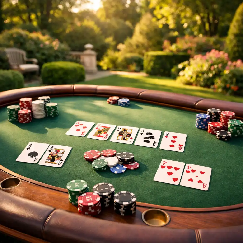 Stół pokerowy z kartami i żetonami do Texas Hold’em w eleganckim ogrodzie Kameralnego Ogrodu