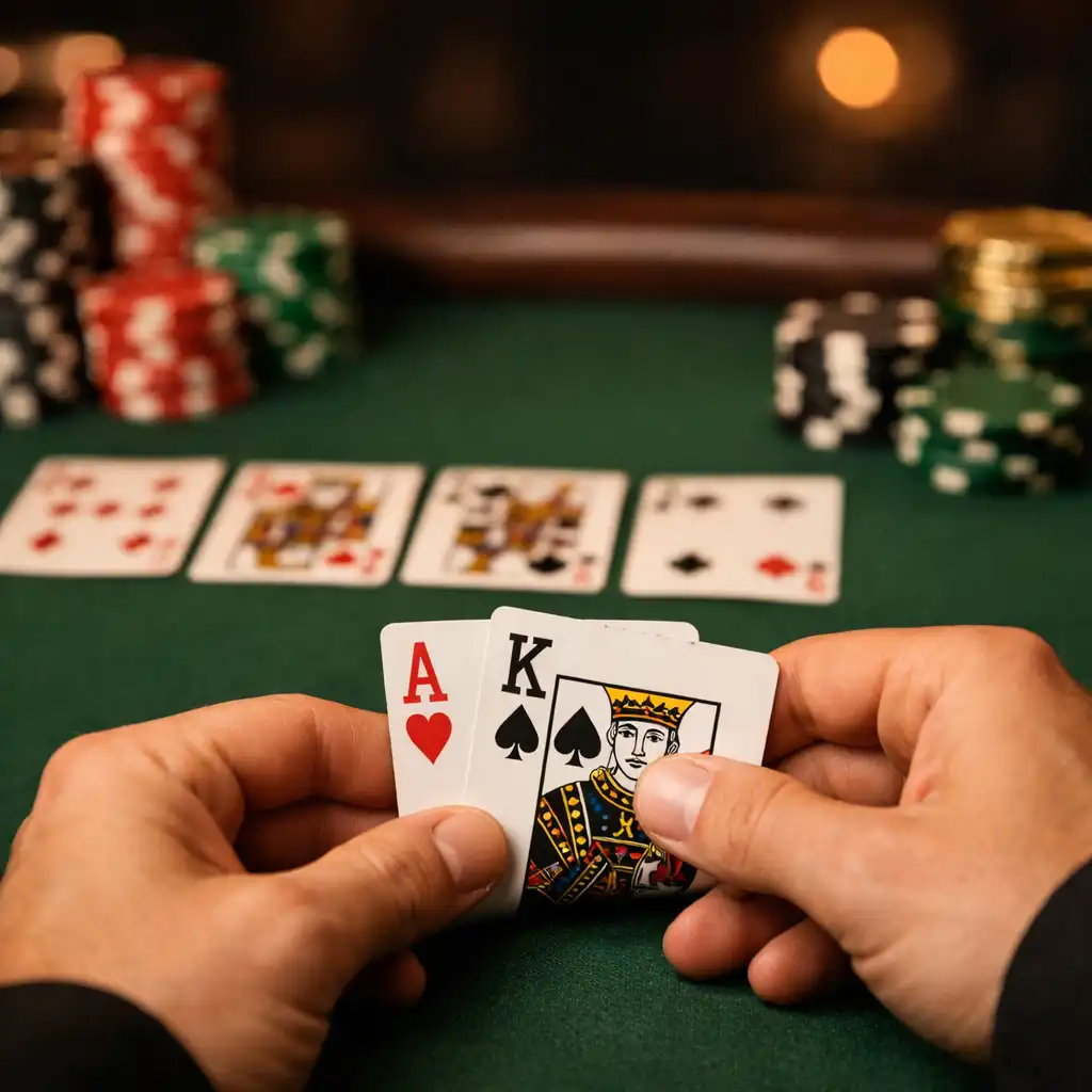 Ręce gracza trzymające karty do Texas Hold’em, na stole żetony i karty wspólne