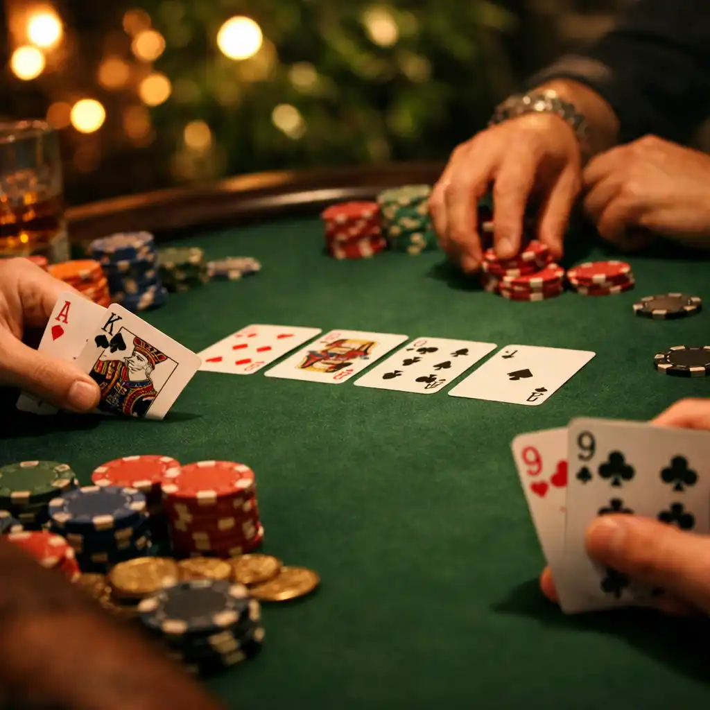 Zbliżenie na stół pokerowy z kartami i żetonami podczas prywatnego wieczoru